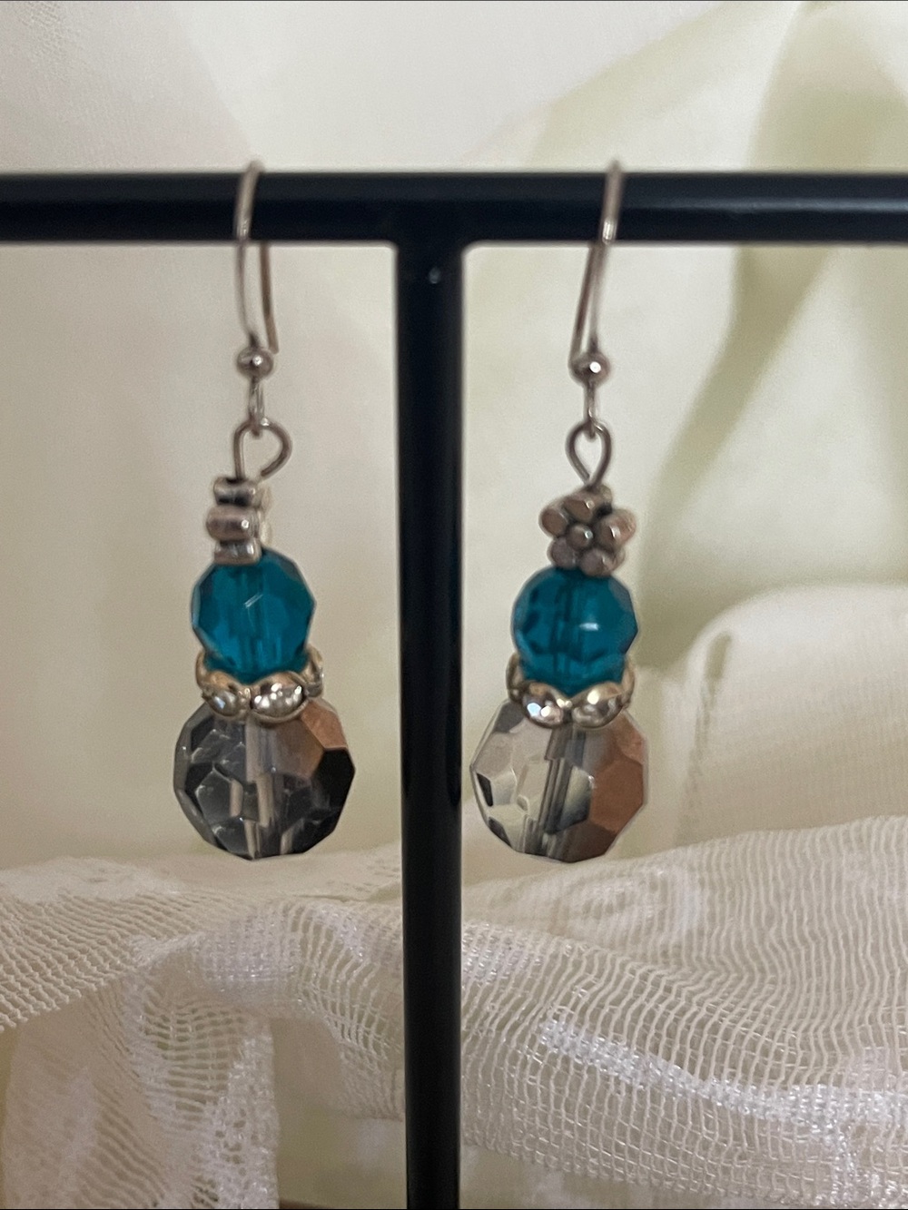 Teal and Gray Crystal Dangle Earrings
